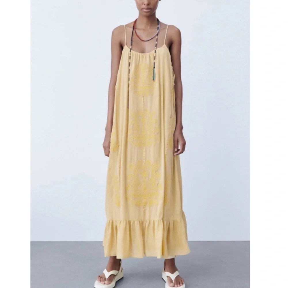 Zara embroidered ruffly embellished long cotton summer dress